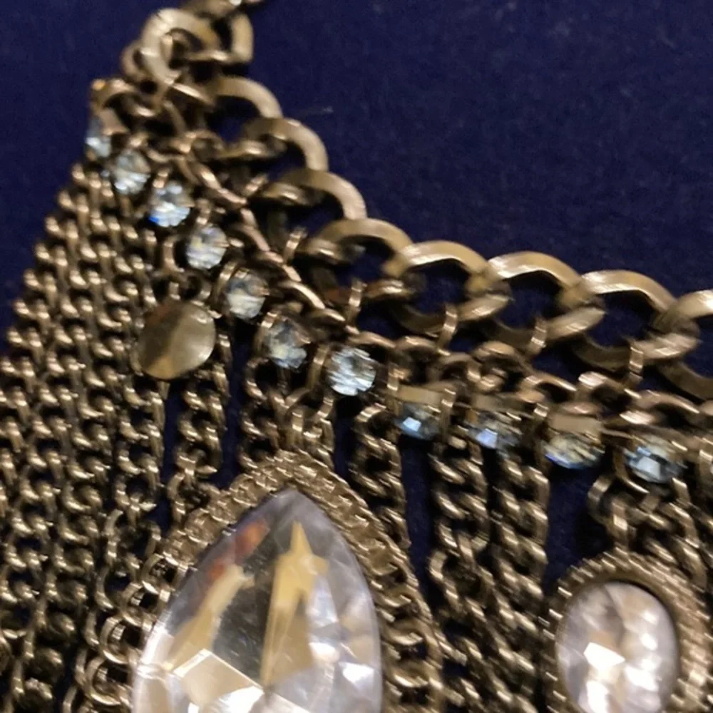 Gunmetal and blue rhinestone with faceted faux crystals statement necklace